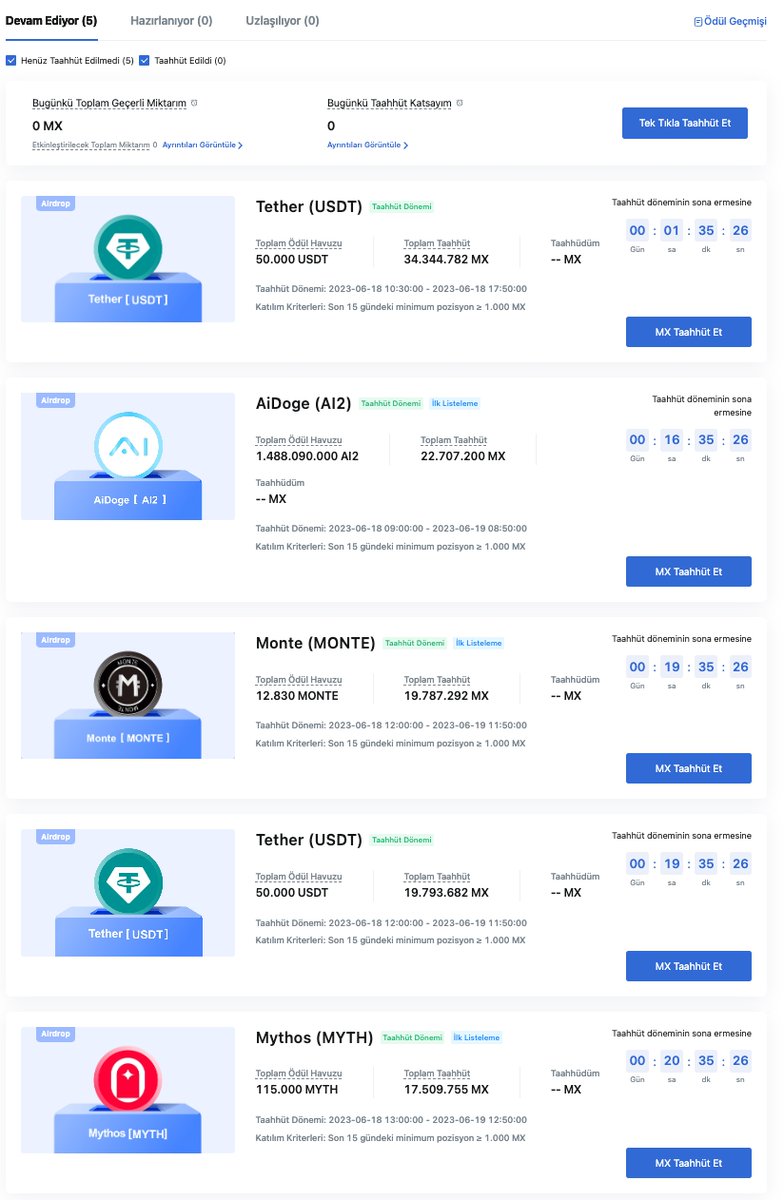 🚀Bugün #MEXC'de 5 #Kickstarter Etkinliği Var! 

🎁#MX Tokenlerinizi taahhüt edip ücretsiz #airdrop kazanmayı unutma!➡️mexc.com/tr-TR/sun/asse…

💙Beğen
🔷Takip Et
🔁Alıntıla, 5 kişi etiketle

💰10 #MX Kazanan 50 Kişiden Biri Olma Fırsatını Yakala!

📅Son Katılım: 19 Haziran 12.50…