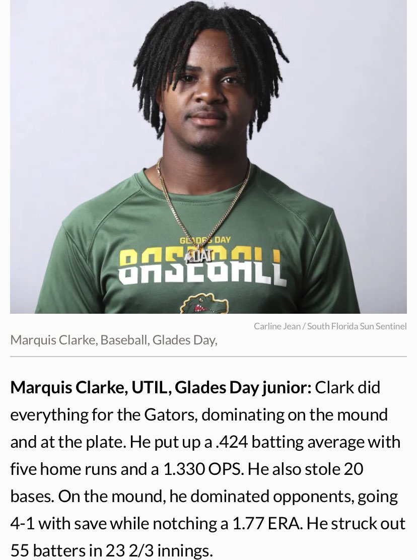 I just want to congratulate my starting Shortstop Marquis Clarke on making the 2023 Palm Beach Sun Sentinel First Team Spring All County Baseball 🐊⚾️💚 Big News for Gator Baseball ⚾️ 🐊💚