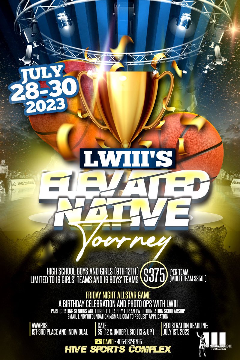 ‼️Register NOW for LWIII’s Elevated Native tournament on July 28-30th. Open to ALL youth grades 9th-12th! 🏀 We’ll be giving away scholarships, prizes, and celebrating @lindywatersiii’s birthday🎉🏆 Don’t miss this event! 📧: lindyiiifoundation@gmail.com 📲: David 405-532-6765