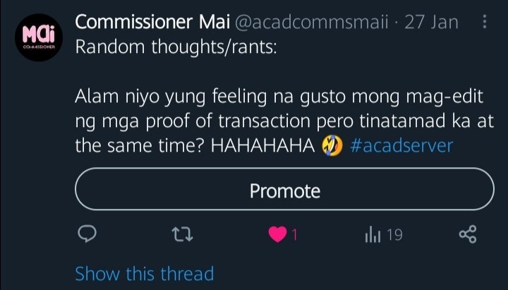 Hiii, good evening! 🌷

Nga pala, ako po si Commissioner Mai. Ilang months din akong naging inactive dito sa twitter (pic below) kaya mag-uupdate na ako starting today. SKL hahahaha 

Anyway, more clients to come po sa'tin. Godbless y'all! 😇