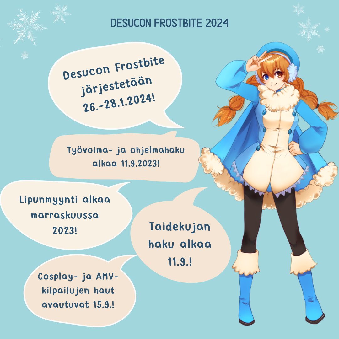 Seuraava Desucon Frostbite järjestetään 26.-28.1.2024 Sibeliustalolla! Ohjelman ja työvoiman haku alkaa 11.9.! desucon.fi/desucon2023/uu…