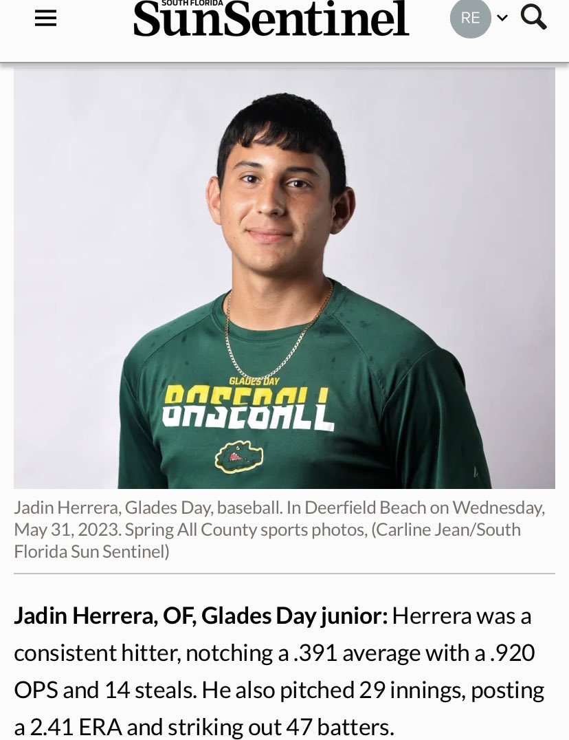 I just want to congratulate my starting Utility Player Jadin Herrera on making the 2023 Palm Beach Sun Sentinel First Team Spring All County Baseball 🐊⚾️💚 Big News for Gator Baseball ⚾️ 🐊💚