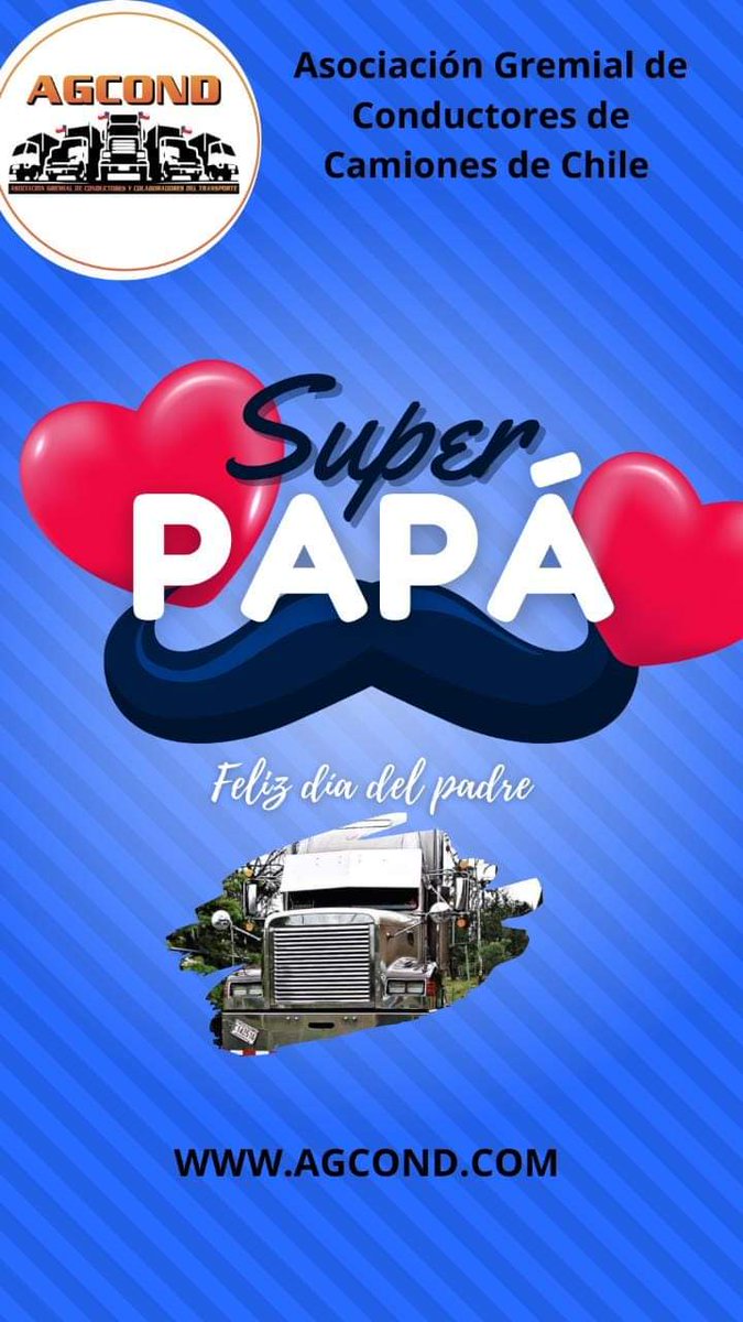 AGCOND_Chile's tweet photo. Muy feliz día del Padre, para todos nuestros Socios y Colegas del Transporte de Chile, esperamos de Corazón puedan celebrar junto a sus hijos, y si no es así que tengan un Gran día y de alguna forma puedan celebrar, el Saludo muy sincero de #AGCOND.
https://t.co/7RhRf48ptc https://t.co/ffPUf4tBgU