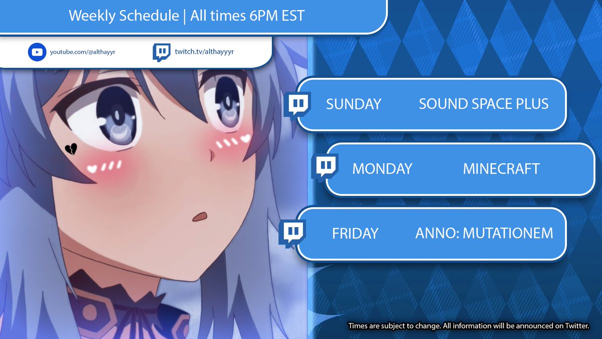 I HAVE A SCHEDULE NOW!💙 

#twitchstreamer #twitch #VtubersEN #Vtuber #VTuberUprising

@ twitch.tv/althayyyr