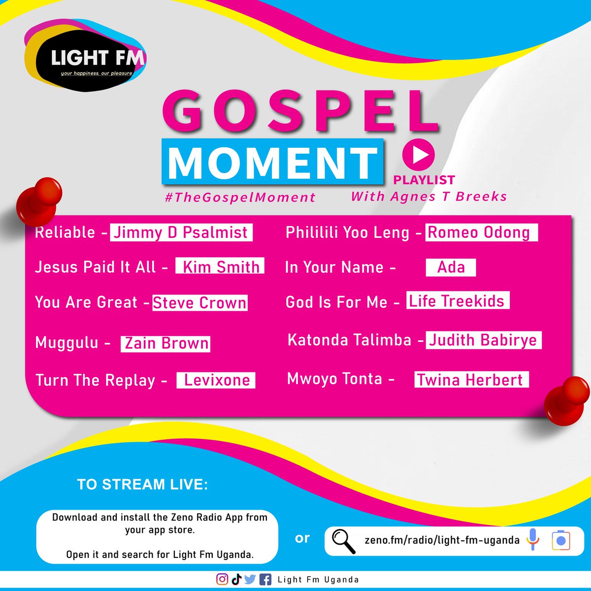 Our Sunday Gospel Moment playlist |  With Agnes T Breeks

#TheGospelMoment

▶Reliable - @JimmyDPsalmist
▶ Jesus Paid It All - KimSmith
▶ You Are Great - @SteveCrownmusic
▶ Muggulu - Zani Brown
▶ Turn The Replay - @levixone
▶ Phililili Yo Leng - Romeo Odong