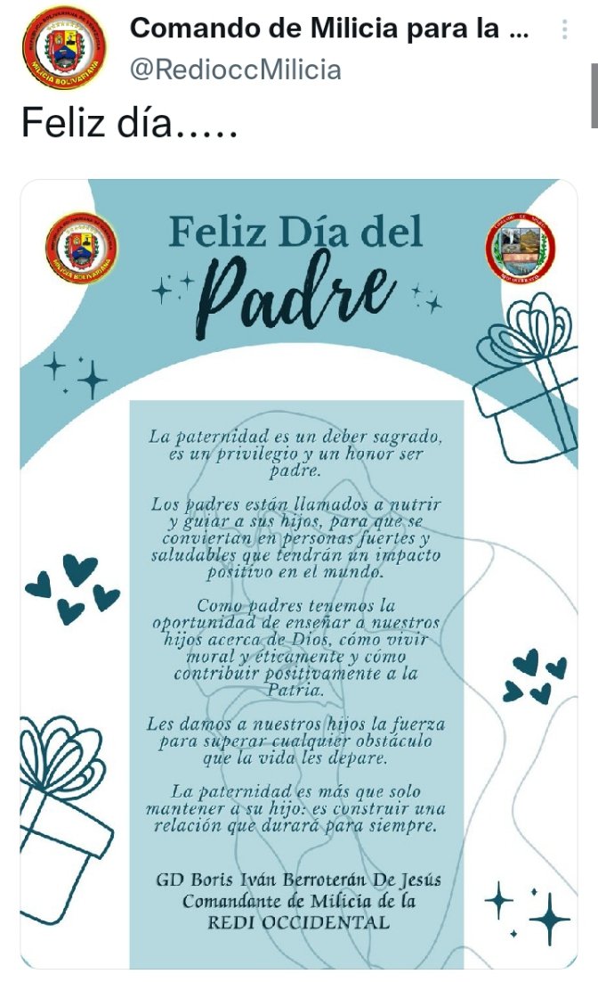 MiriamLovedeC23's tweet image. Feliz Dia para todos los Papás
#Milicia Bolivariana
#Adi133Gayones
#Apdi Diego de Lozada