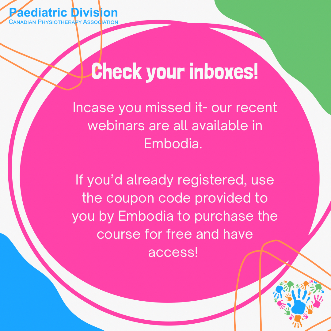Did you know if you’d signed up for any of our webinars, you get a coupon code to purchase it for free for a lifetime? Yet another great reason to consider being a Paeds Div Member! Check your email now and purchase the courses before you forget!
@embodia  #physiotherapy #paediat