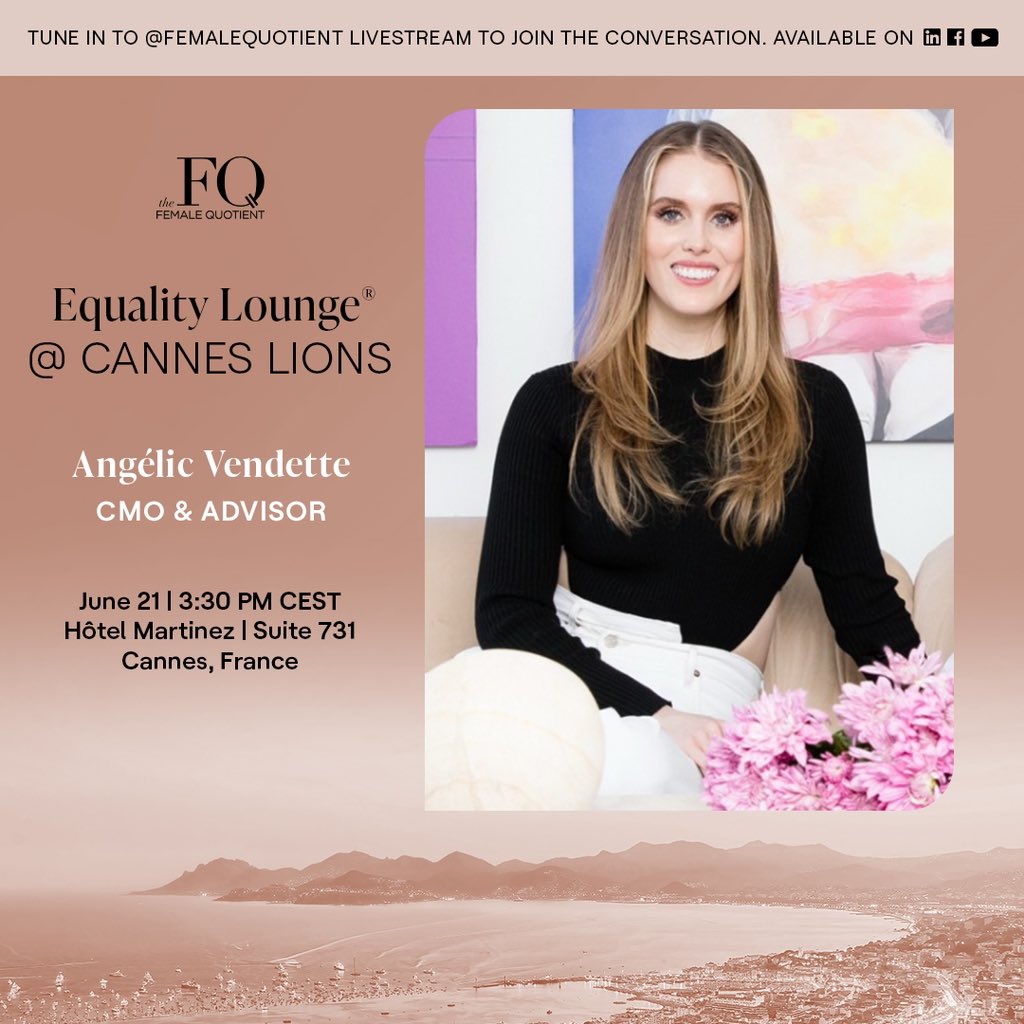 Together we Cannes! 💪 

Excited to join @femalequotient in the #EqualityLounge in Cannes this Wednesday to discuss advancing gender equality, female leadership, breaking generational glass ceilings, and so much more. I hope to see you there! lnkd.in/gfCyY8_w