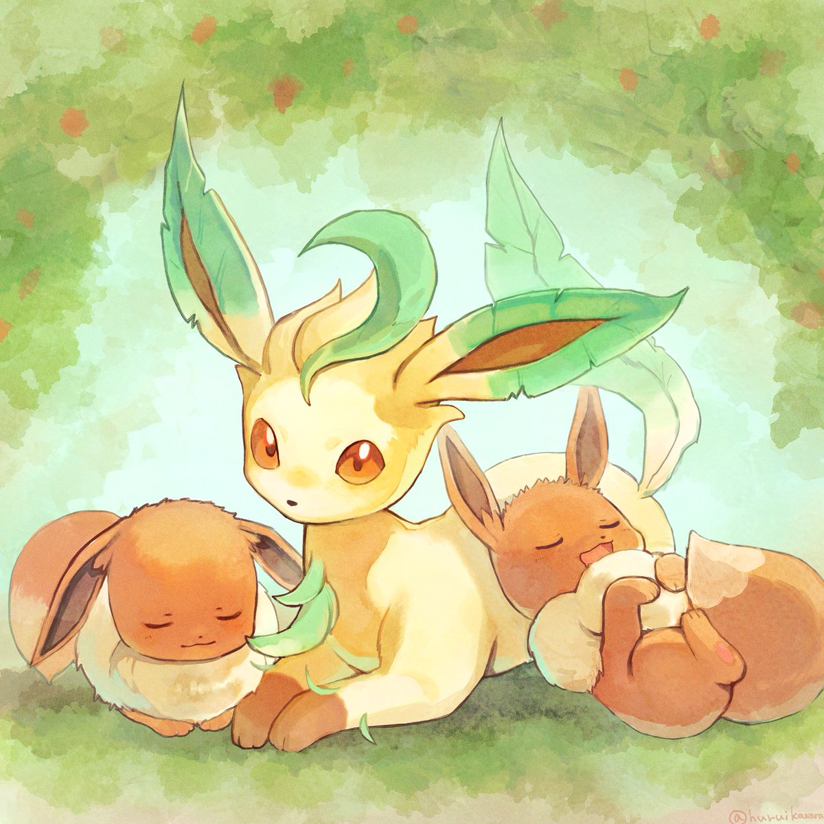 eevee ,leafeon pokemon (creature) no humans closed eyes lying closed mouth open mouth brown eyes  illustration images