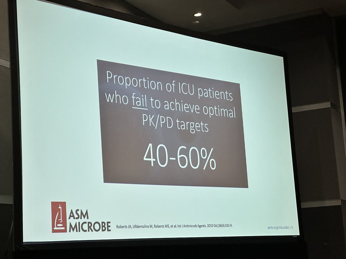 ThoPham27's tweet photo. #ASMicrobe: Shocking ICU stats: 6 out of 10 ICU patients failed to achieve optimal PK/PD targets @SIDPharm https://t.co/lQmOrYd5ew