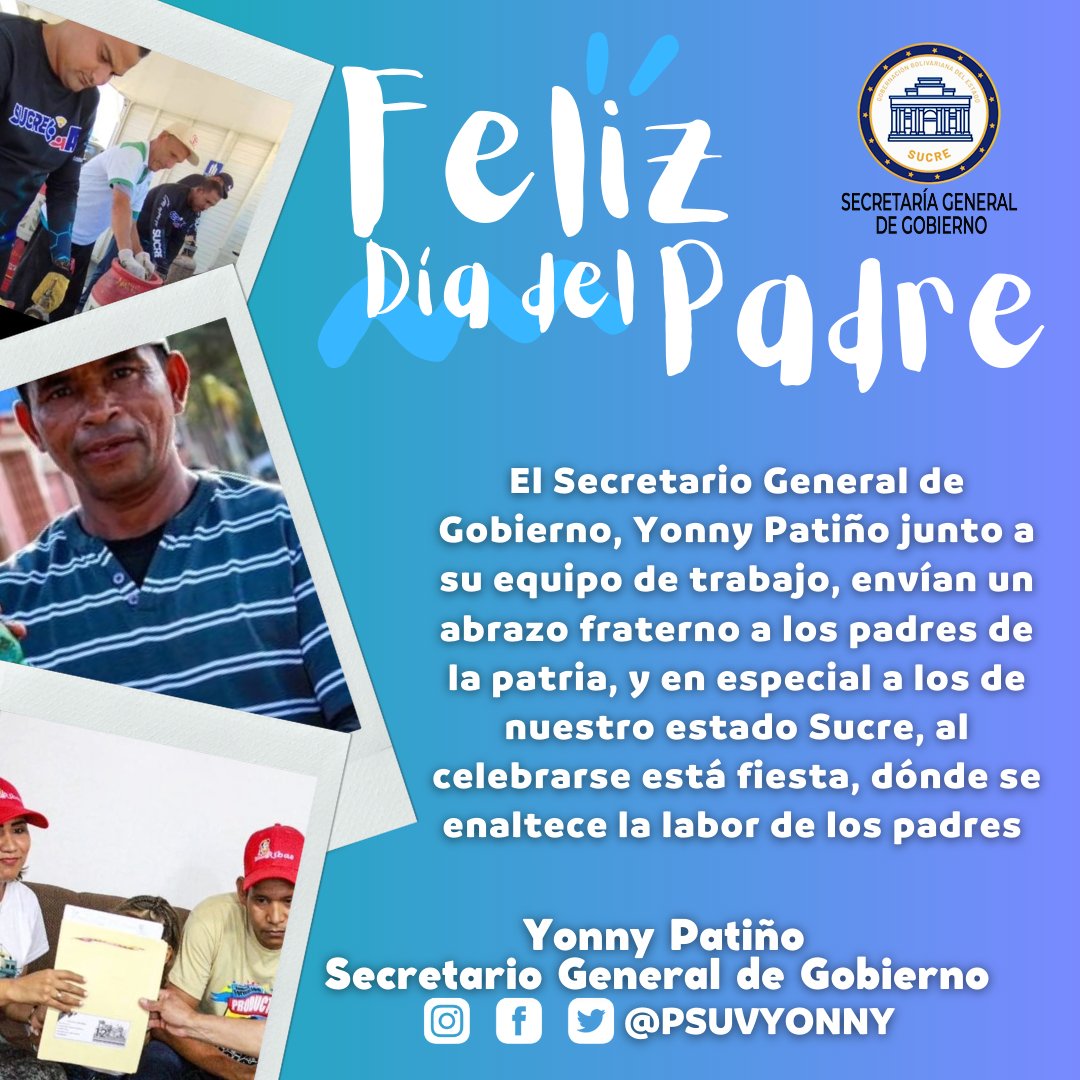 psuvyonny's tweet photo. Comparto con ustedes y con los que son Padres al igual que yo,  la satisfacción de Felicitarlos hoy con ocasión de nuestro día. 

Que se derramen las bendiciones venidas desde lo alto en cada Padre del Mundo, Venezuela, Sucre y en especial a sus familias. https://t.co/CunLcKfDeT