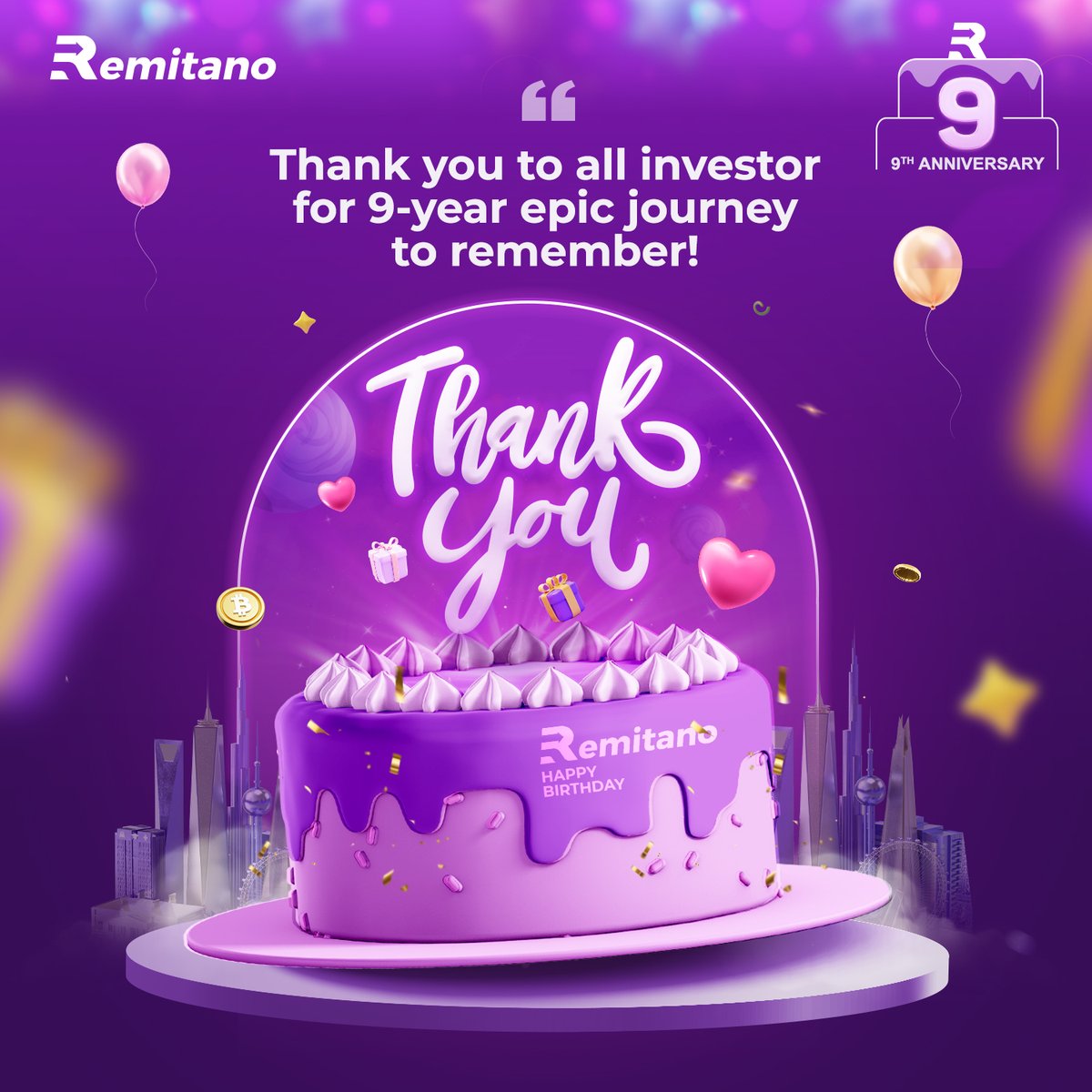 remitano's tweet photo. 🎂 Happy birthday, Remitano thank you!

Hi all Investors, This #June30th, Remitano has been accompanying investors on the path of conquering financial happiness for 9 years. Remitano did not know what to say other than thanks to investors around the world who always supported our products. 

On the occasion of birthday, Remitano will have a countdown activity with valuable gifts, wait until next week.

#Remitano9truths #tradewithtrust #tradewithremitano