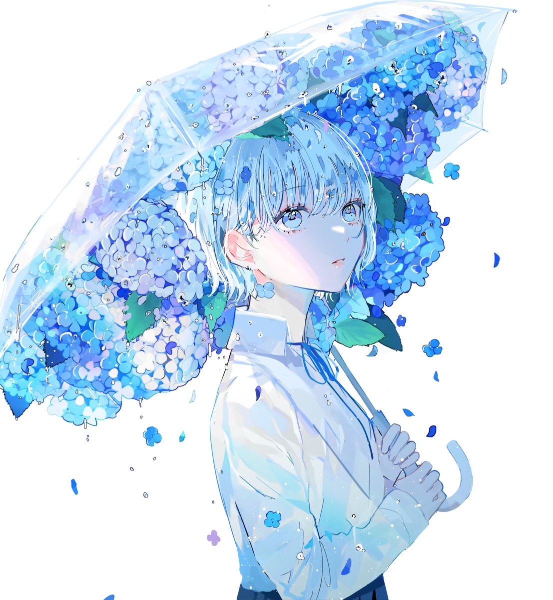 1girl transparent flower solo umbrella blue flower holding umbrella  illustration images