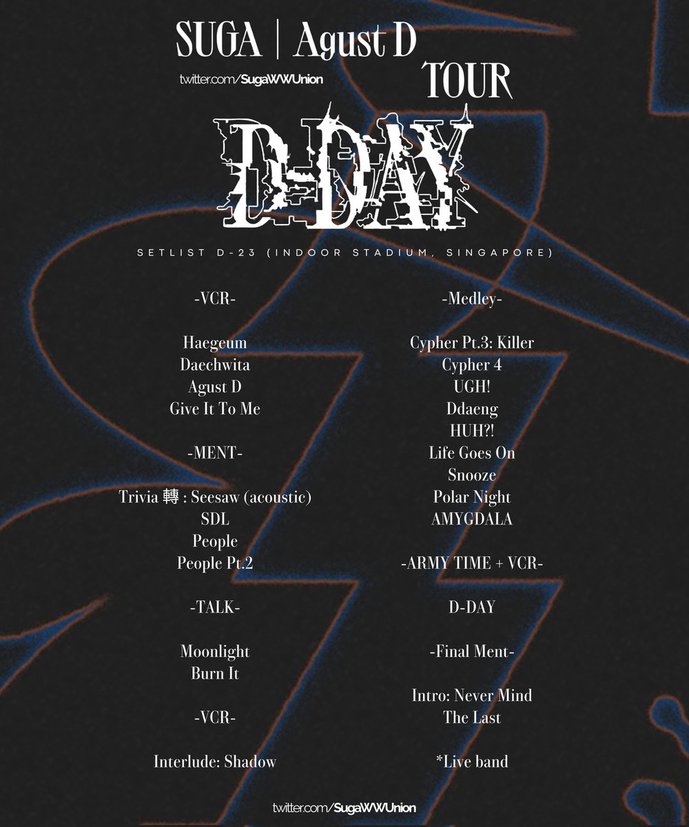 D-DAY TOUR | Setlist D-23 Singapore

Spotify Playlist: open.spotify.com/playlist/0lZL4…

D DAY TOUR IN ASIA
#AgustDTourInSingaporeD3

#SUGA_AGUSTD_TOUR_in_Singapore
DDAY TOUR IN SINGAPORE DAY 3
#SUGA_AgustD_TOUR
#D_DAY_Tour_D23
#TodayisDDayLah_Day3
#SUGA_AgustD_TourinSG
#AgustD #SUGA