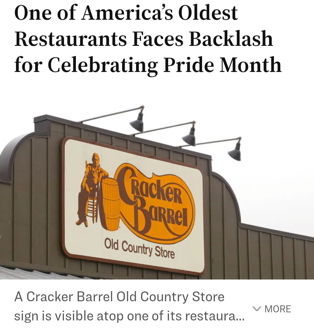 BREAKING NEWS One of America's Oldest Restaurants Faces Backlash for Celebrating Pride Month.

Cracker Barrel jumps the shark and stabs its customers & employees in the back. BlackRock owns 15% shareholder stake in Cracker Barrel as well as in Fox News.

Do woke corporations…