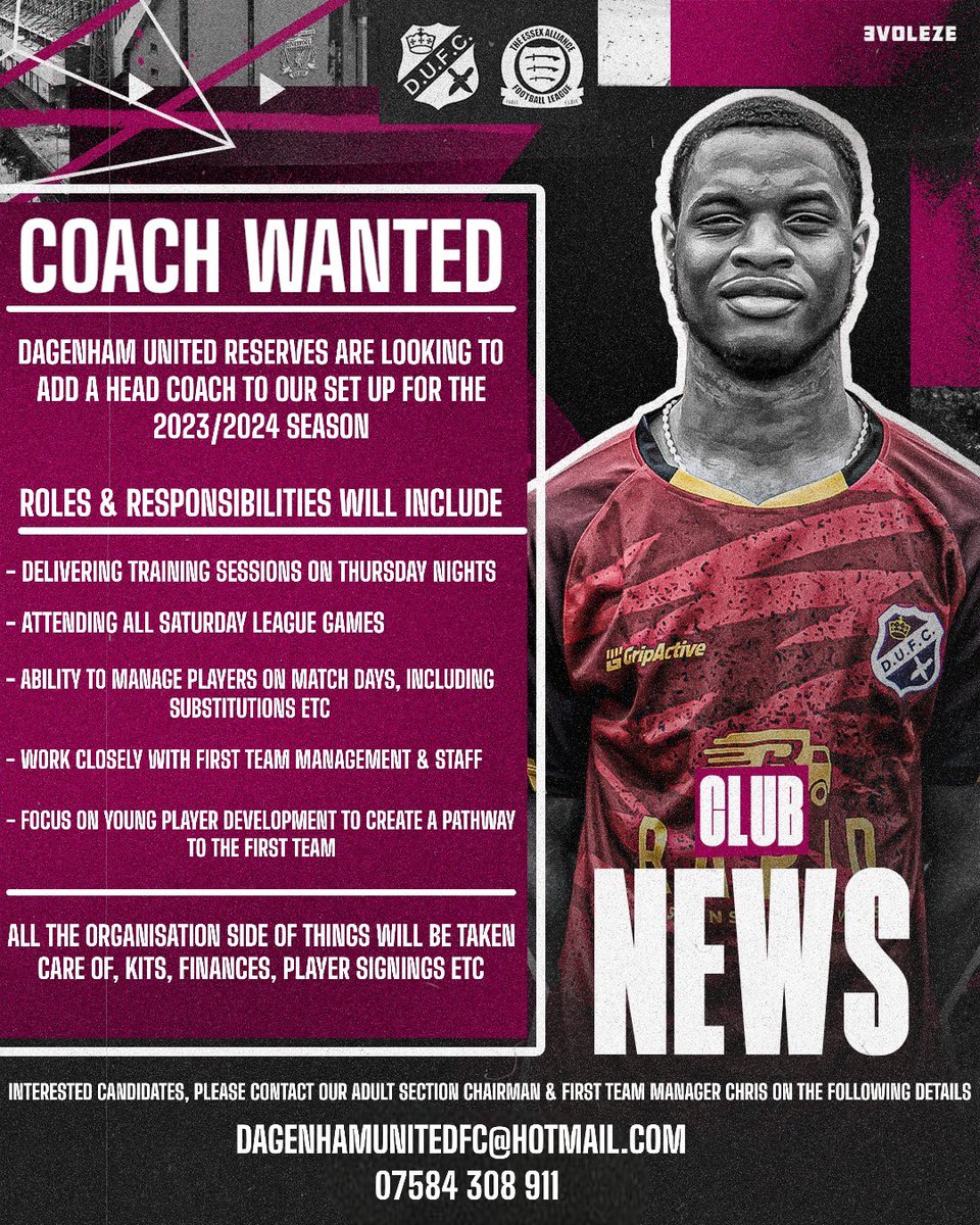 DagenhamUTD_FC's tweet photo. โญ๏ธ Head Coach Wanted โญ๏ธ
Dagenham United Fc are looking to add a head coach to our Reserve team for the upcoming 23/24 season.
So if your a coach looking for a new opportunity, or looking to start your coaching journey; give us a shout for more info ๐๐ผโฝ๏ธ
#CoachWanted https://t.co/yX6QmVN7dX