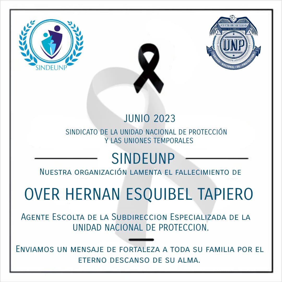 Desde <a href="/SindeunpN/">SINDEUNP NACIONAL</a> lamentamos el asesinato de nuestro compañero  HOVER HERNAN ESQUIBEL TAPIERO agente Escolta de la <a href="/UNPColombia/">Unidad Nacional de Protección, UNP.</a> el día de hoy en el departamento Del Huila.

Hacemos extensivas nuestras condolencias a sus familiares y amigos