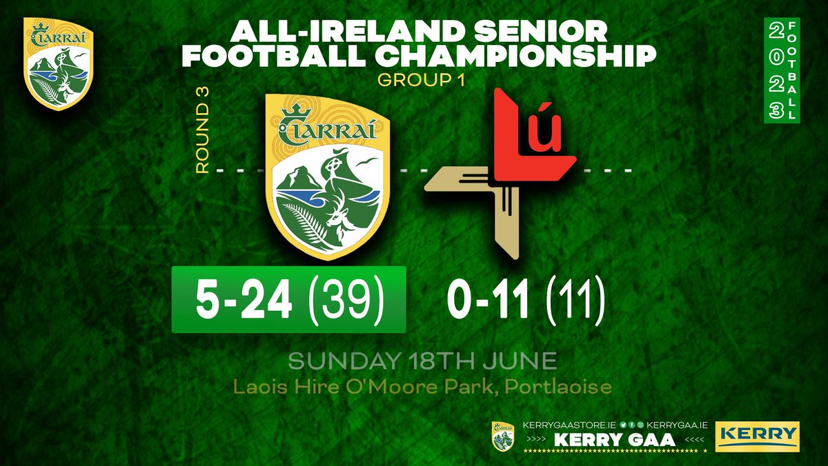 🏐 Full Time in Portlaoise Group 1, Round 3 of the 2023 All-Ireland Senior Football Championship, Kerry v Louth.
 
 #WeAreKerry #CiarraíAbú