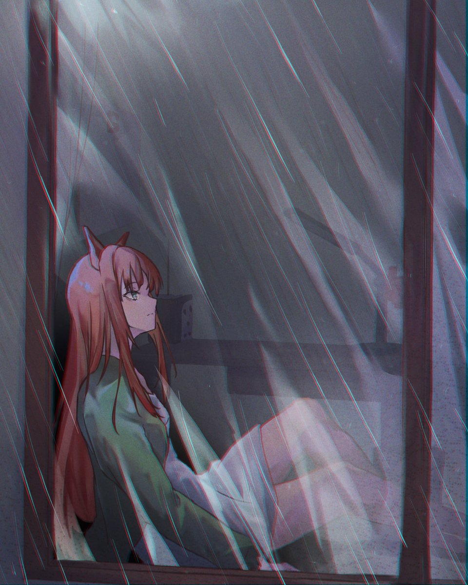 silence suzuka (umamusume) 1girl rain animal ears horse ears long hair solo looking outside  illustration images