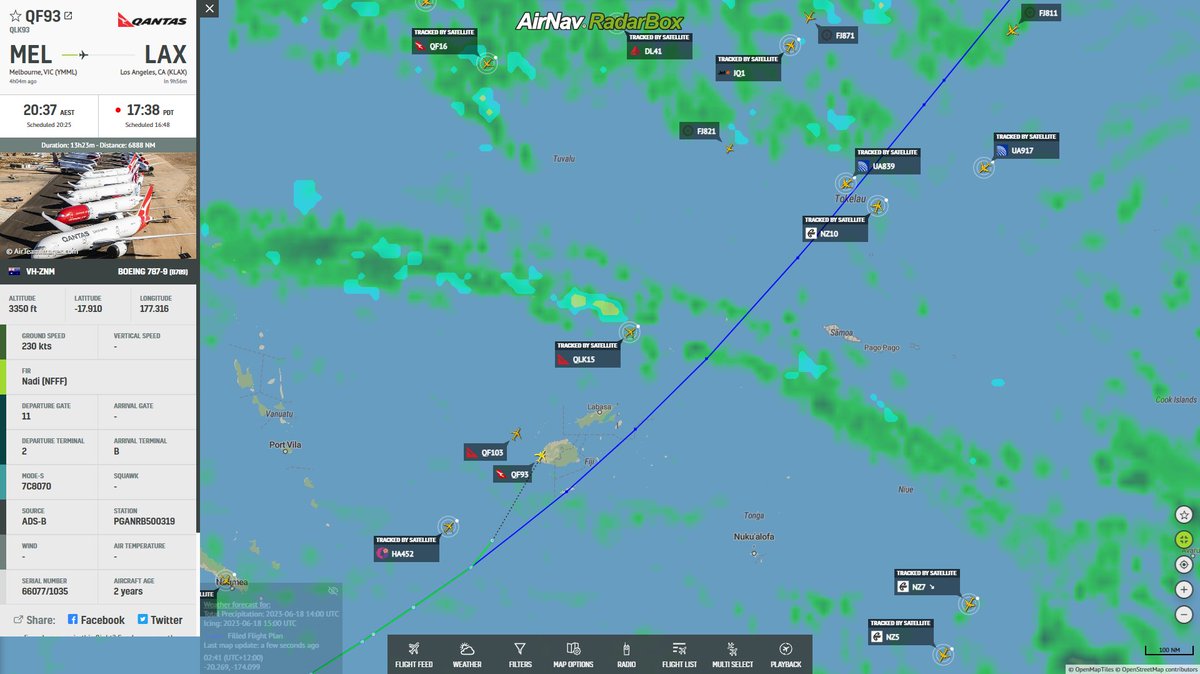 AirNavRadar's tweet photo. 🚨Qantas flight #QF93 from #Sydney to #LosAngeles declared an emergency and is diverting to Nadi, Fiji: 
https://t.co/XFoB5NbYdJ📡✈️ https://t.co/394l35BEVc