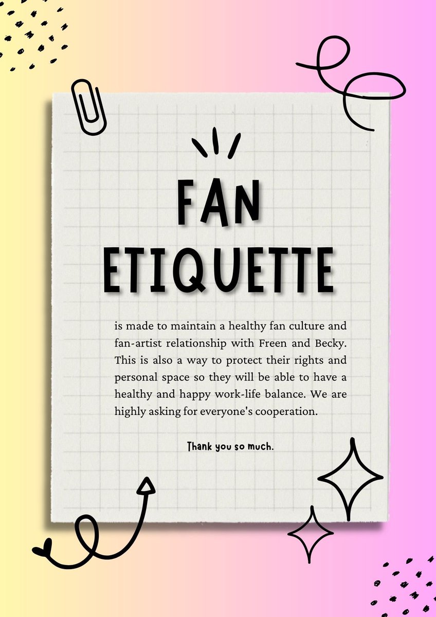 This is the fan etiquette created by FreenBecky United Fanbases when the fanboom tour started. Please read every bullet carefully. 

Let’s all create a safe space for our girls and for our fellow fans as well. Look out for each other and have some basic respect 🙏🏻