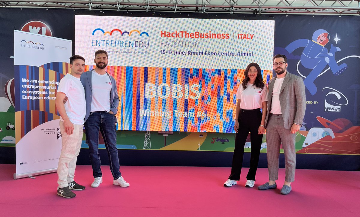 entreprenedu's tweet photo. Meet #HackTheBusiness #Italy winners! ๐พ
๐๐ข๐๐๐ฆ๐Francesco, Paola, Jacopo and Stefano wish to โคต CO2 emissions caused by last mile logistics, offering the end user a #platform that can encourage #local consumption and the search for products and services within 3km ๐ https://t.co/ErciSMdBUu