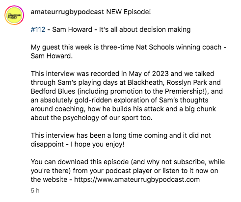 Well this should be good

The legendary Sam Howard's thoughts on coaching & sport psychology

Coached so many OEs at School, Colts & Senior level...

Well worth having a look on amateurrugbypodcast.com

@amrugbypodcast