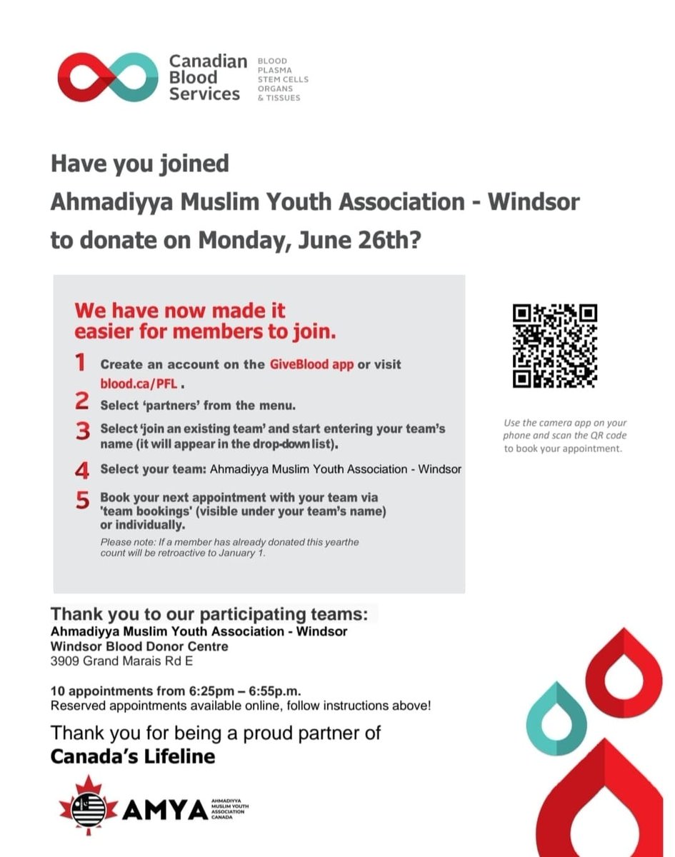 Our #Muslim Youth from Windsor, ON chapter of #Ahmadiyya Muslim Youth Association Canada will be donating blood on June 26, 2023.

This is part of Ahmadiyya Muslim Youth Association Canada's nationwide #Mercy4Mankind campaign.

#CanadasLifeLine #Windsor #WhatMuslimsDo