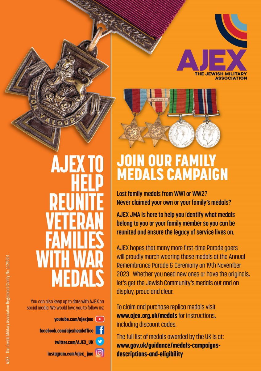 Join our Family Medals Campaign. Have you lost family medals from WW1 or WW2? Never claimed your own or your family’s medals? Know a friend or family who is entitled to their medals? We're here to help and we have discounts with medal minters too! ajex.org.uk/medals