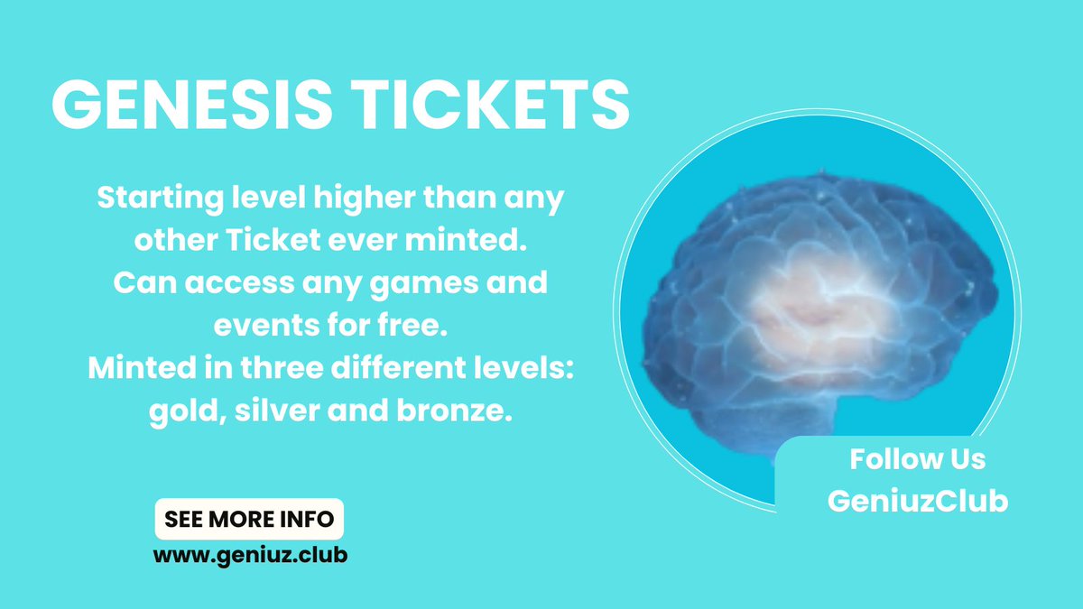 Genesis Tickets!
Starting level higher than any other Ticket ever minted.
Can access any games and events for free.
Minted in three different levels: gold, silver, and bronze.

Get more info: geniuz.club

<a href="/geniuz_club/">GeniuzClub</a>
 #Btc #doge #eth #shib #coin #token #nft #Crypto
