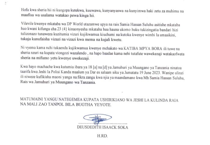 DEUSDEDITHSOKA's tweet image. Kupitia barua iliyotoa taarifa kuhusu maandamano ya Jumatatu 19, June 2023.
@tanpol Msije kujeruhi watu waacheni tudai haki zetu kwa njia ya kistaarabu na kiungwana,
Maandamano ya amani, wanasheria kuweni macho kwa askari yeyote atakayevunja Haki za binadamu utashtakiwa mwenyewe
