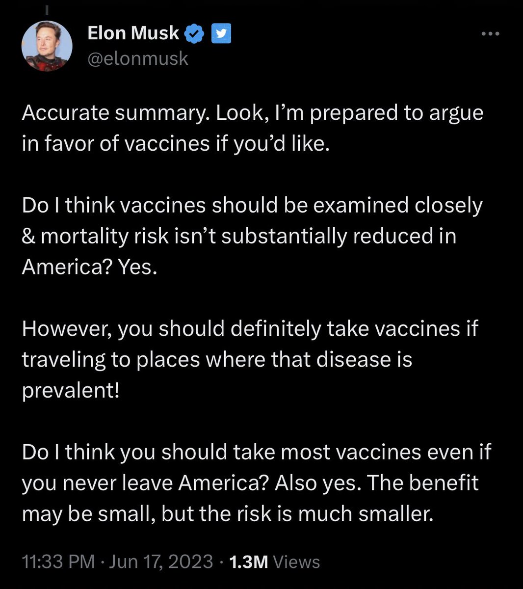 Elon can’t seem to understand that vaccines are the *reason* why diseases like polio, measles, mumps, tetanus, rubella, HiB, HepB, have low prevalence in the US.
