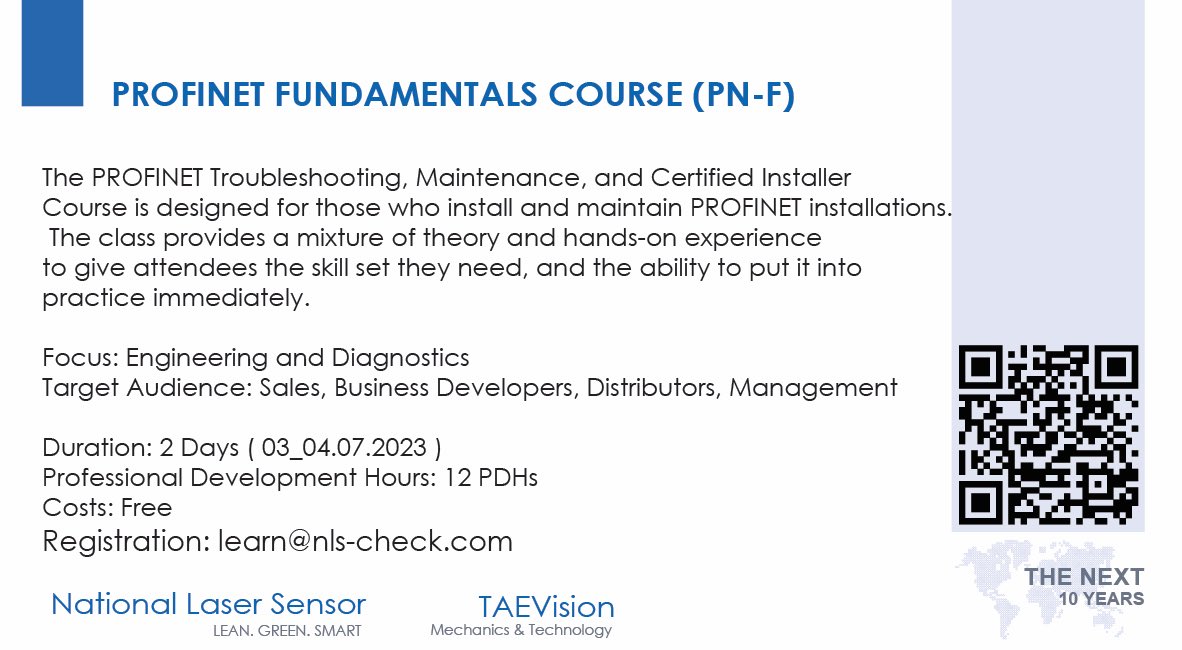#PROFINET_FUNDAMENTALS_COURSE #PN_F
 @TAEVisionAPP #TAEVision_Engineering #TAEVision_Technology #nls_check #GlobalAutomationPartner 
#sensortechnology #sensors #sensor #tech #technology #sensortest #innovation #PROFINET 
#sensorpeople #Seminars
nls-check.com/news/workshops…