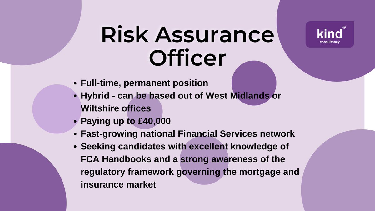 We're looking for a Risk Assurance Officer to join a fast-growing Financial Services network. Find more details and apply now at jobs.kindconsultancy.com/?task=jobdetai… - and see all of our current opportunities on jobs.kindconsultancy.com #RiskJobs #FinancialServicesJobs