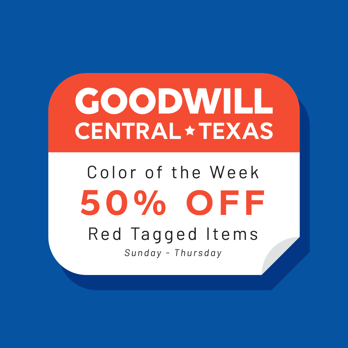 AustinGoodwill's tweet photo. Happy Sunday, thrifters! Starting today and until Thursday, red tags are 50% off in our stores. To find your nearest store, visit https://t.co/ZuirOnf0q9.
#goodwillsale #bargainshopper #goodwillsale #goodwillfinds #thriftedfinds #thatsgoodwill https://t.co/8XzlcfObRS
