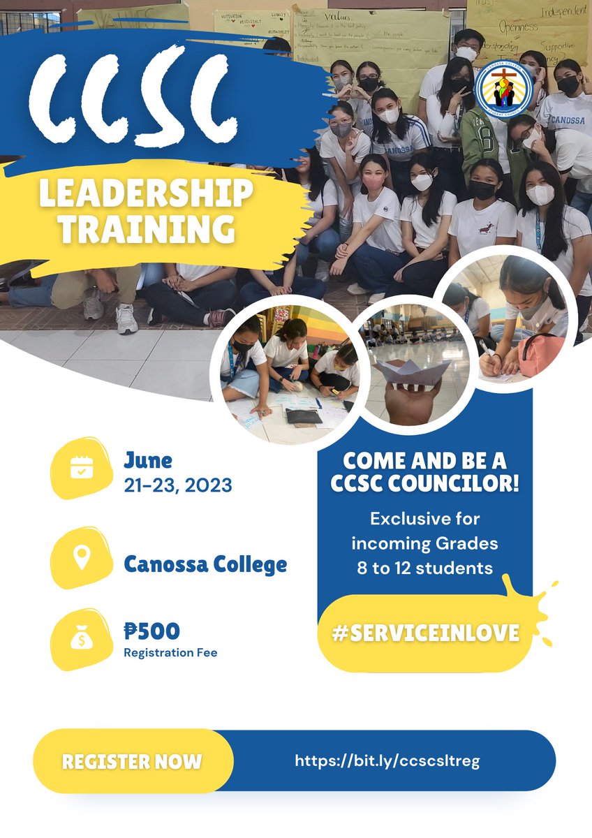 ccschighschool's tweet photo. Canossians, are you to serve in love? 💙🤍

The Canossa College Student Council (CCSC) now opens its doors to aspiring student leaders! Starting on June 21 (Wednesday), the council will conduct a 3-days leadership training exclusive for incoming Grades 8 to 12 Canossians. https://t.co/0jtC2pDP7S