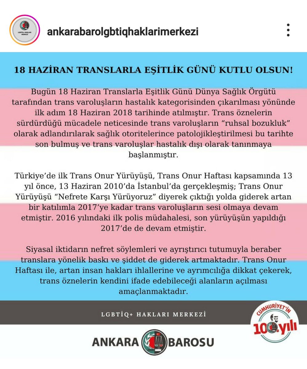 Translarla Eşitlik Günü kutlu olsun. Gerek avukat gerek akademisyen meslektaşlarımızdan kimilerinin pogromcu söylemlerinin, homofobi ve transfobinin dayanışmaya dönmesi, kişi varlığıyla 'ideoloji' arasındaki farka hakim hukukçular yetişmesi dileğiyle... Alışın eşitleneceğiz!