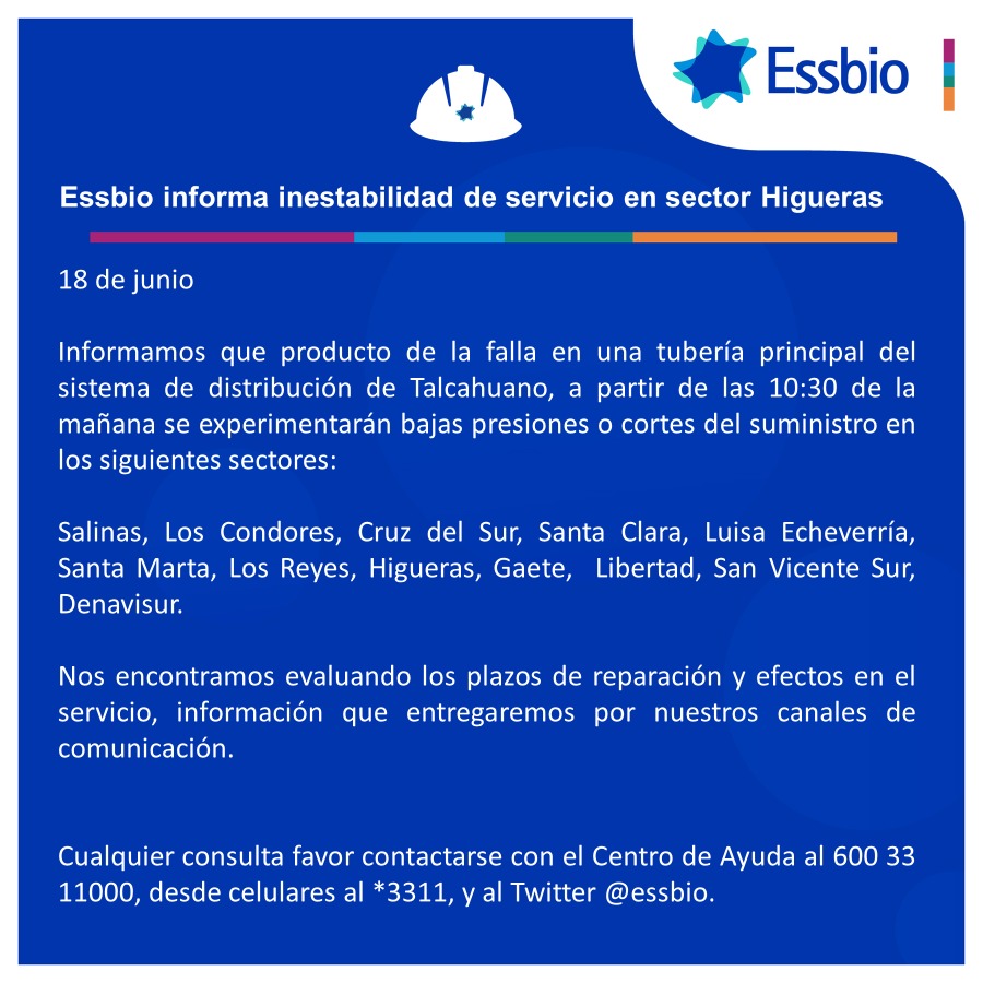 essbio's tweet photo. Informamos que producto de  la rotura de una importante tubería se generó inestabilidad en el servicio en algunos sectores de Talcahuano. Revisa más  detalles 👇 https://t.co/0j5O2b2g36