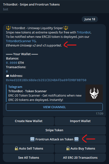 TritonBot_bot's tweet image. 📢 Frontrun Attack on Token released! 📢

👉 TritonBot users are now able to perform a frontrun attack on any ERC-20 token!

👉 Support for #Uniswap V3 has been implemented!

Start making money by Sniping tokens on launch or Frontrun transactions on any token!

#crypto #ethereum