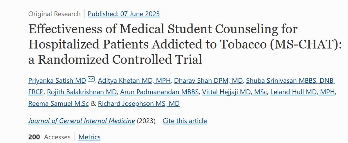 Priyanka Satish (@psatishmd) on Twitter photo 1/ Our RCT of med student guided tobacco cessation counseling of hospitalized patients in India
#MSCHAT trial is published in <a href="/JournalGIM/">JGIM Journal of General Internal Medicine</a>
This implementation strategy
🌟⬆️ patient quit rates
🌟Improved student knowledge and confidence
Link ➡️rdcu.be/dd00B
🧵 1/ Our RCT of med student guided tobacco cessation counseling of hospitalized patients in India
#MSCHAT trial is published in <a href="/JournalGIM/">JGIM Journal of General Internal Medicine</a>
This implementation strategy
🌟⬆️ patient quit rates
🌟Improved student knowledge and confidence
Link ➡️rdcu.be/dd00B
🧵