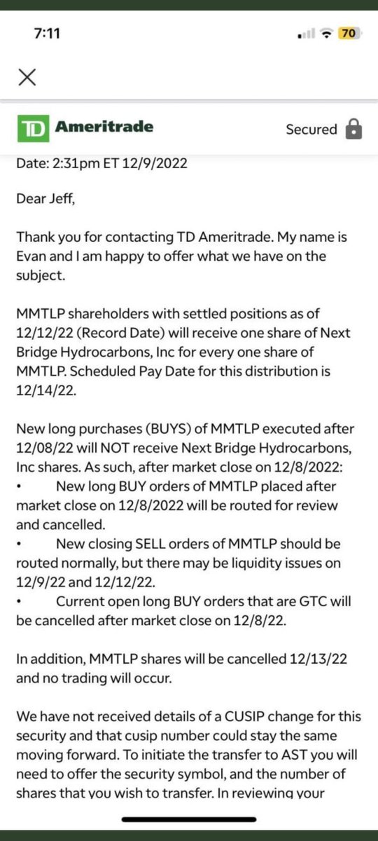 RareDealsHere's tweet photo. Basically, @TDAmeritrade said to clients that there will be Position Close Only trading on Dec 9th &amp; 12th. Buys after the 8th will be canceled. @FINRA U3 halts $MMTLP for a reason that contradicts TDA &amp; creates a settlement issue for TDA. TDA remains silent. Duress? @DOJCrimDiv https://t.co/nPZ5BNLELR