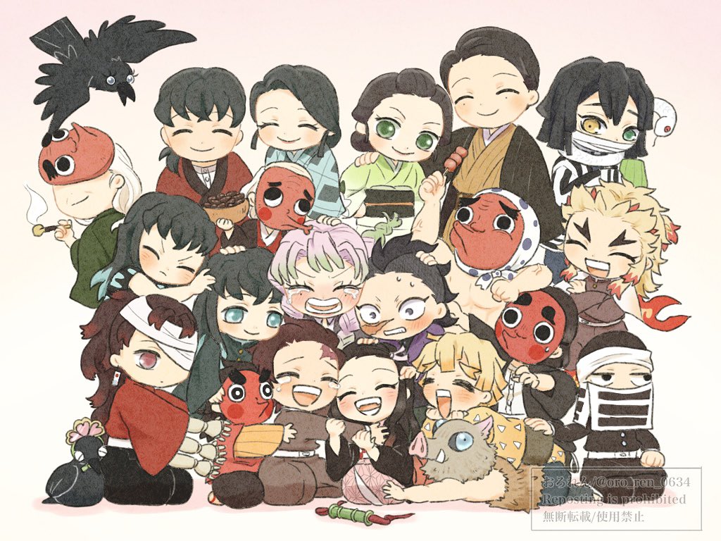 kamado nezuko ,kamado tanjirou ,kanroji mitsuri ,rengoku kyoujurou ,tomioka giyuu japanese clothes scar on face scar crow 6+boys black hair scar on forehead  illustration images