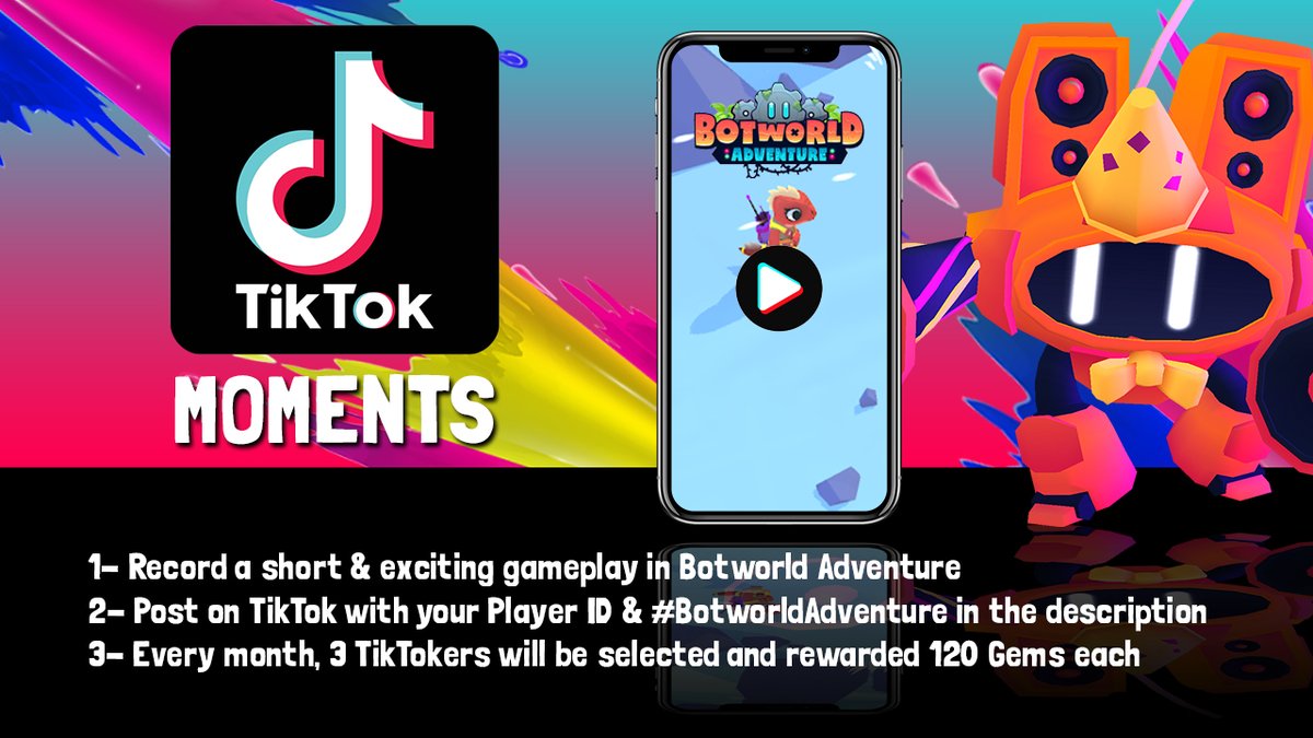 We are excited to announce the 3 winners for the month from the TikTok Moments Event. Here are the winners that will be rewarded 120 Gems each in #BotworldAdventure:

𝐖𝐈𝐍𝐍𝐄𝐑𝐒:
Eros
GenRhein
Marky Desu

Congrats to all of you!
#Botworld #MobileGames #MobileGaming #rpg