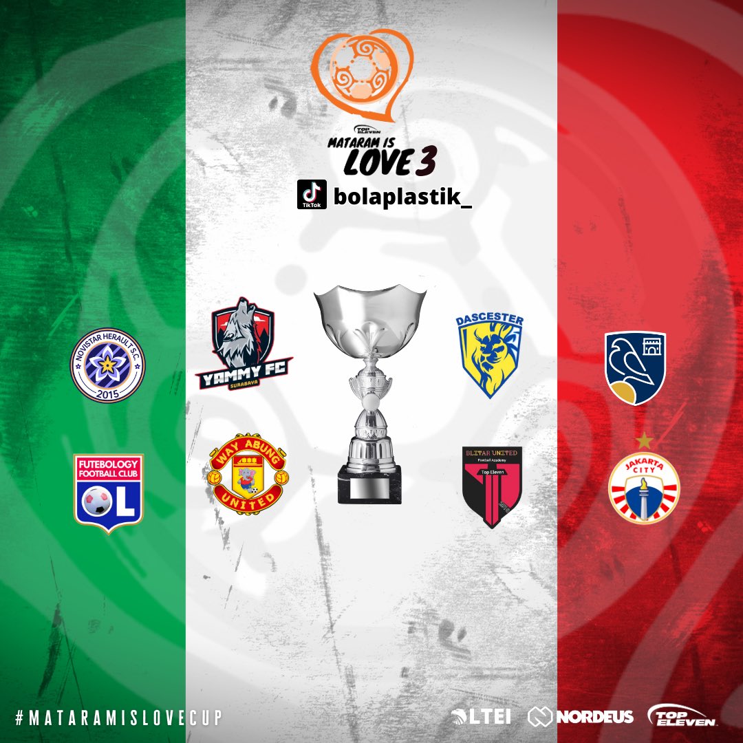 MATARAM IS LOVE IS BACK

Edisi ke 3 Mataram Is Love Cup telah dimulai, 8 tim siap bersaing menjadi yang terbaik

@NovistarHSC <a href="/FcYammy/">yammy fc</a> <a href="/futebology/">BLG (Bench Lebih Gacor)</a> <a href="/wayabungunited/">Way Abung United</a> @JAYARAYA_TEFC <a href="/Dascester/">DASCESTER</a> <a href="/JakartaCityFC/">Jakarta City FC</a> @blitar_utd87 

Yogyakarta 20 - 25 Juni 2023

#mataramislove by bolaplastik_