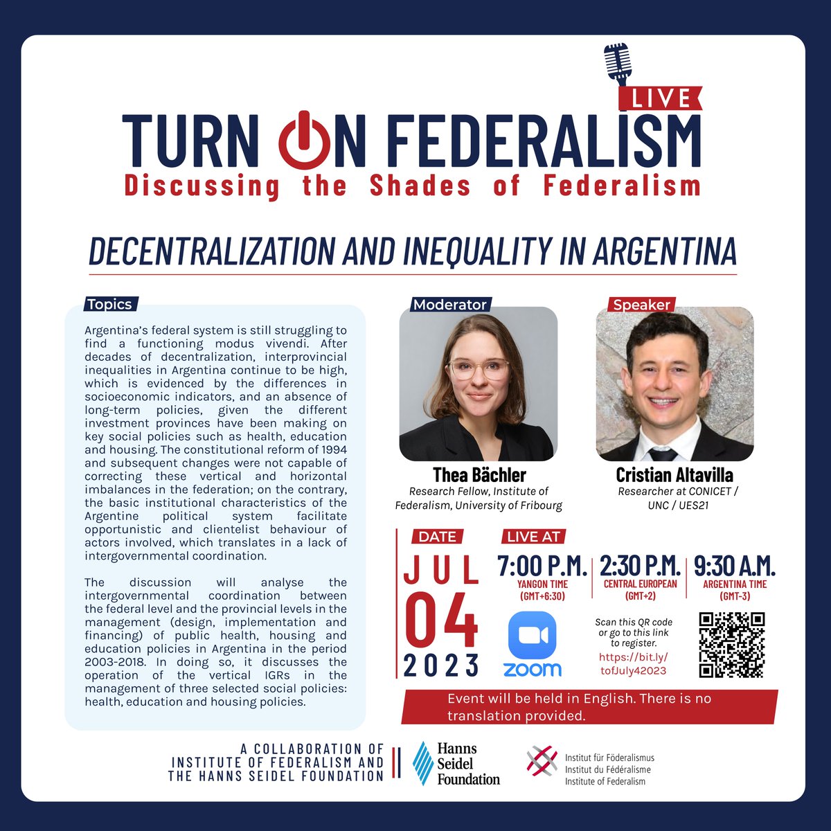 Division South/Southeastasia HSF (@asia_hsf) on Twitter photo Join us for the next episode #TurnonFederalism. This time we will discuss the question of decentralization and inequality in Argentina with <a href="/AltavillaCd/">Cristian Altavilla</a>. In cooperation with <a href="/InstituteOfFed/">Institute of Federalism</a> and mod by <a href="/TheaBaechler/">Thea Baechler</a>
04th of July, 2.30 P.M. CEST, Reg here bit.ly/tofJuly42023 Join us for the next episode #TurnonFederalism. This time we will discuss the question of decentralization and inequality in Argentina with <a href="/AltavillaCd/">Cristian Altavilla</a>. In cooperation with <a href="/InstituteOfFed/">Institute of Federalism</a> and mod by <a href="/TheaBaechler/">Thea Baechler</a>
04th of July, 2.30 P.M. CEST, Reg here bit.ly/tofJuly42023