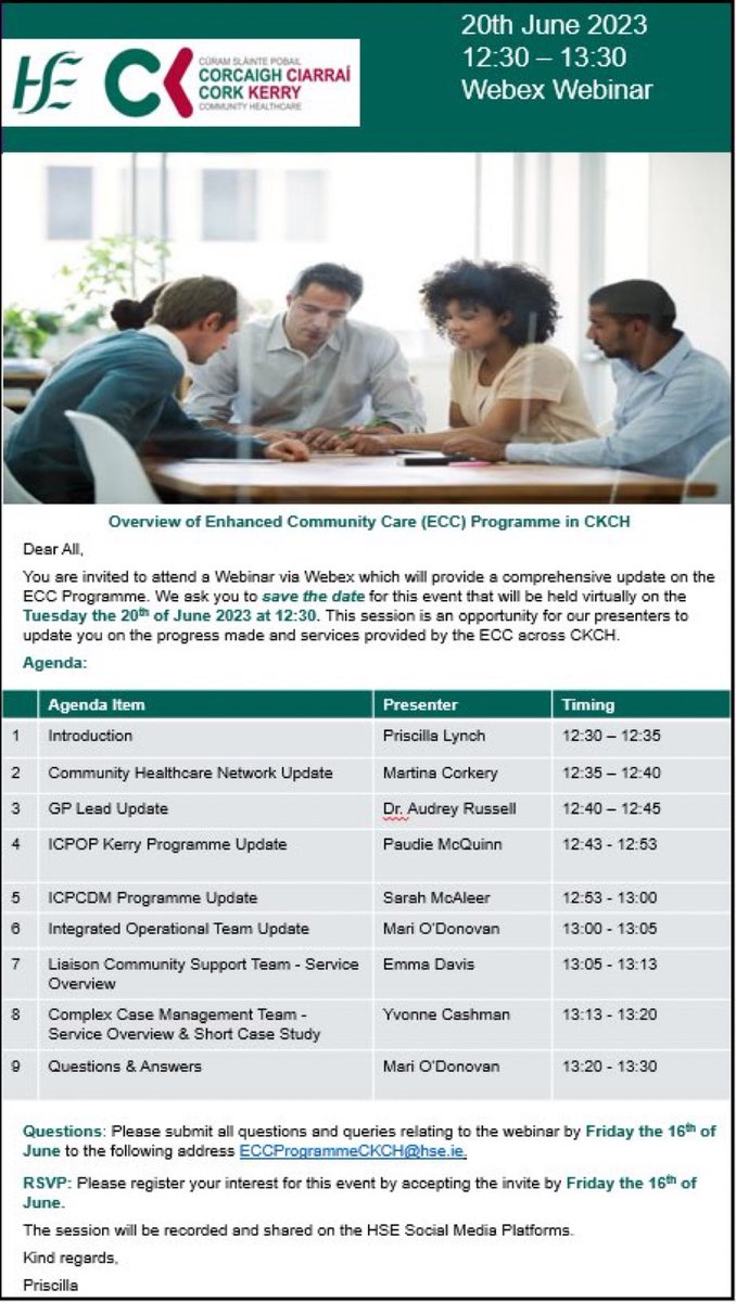 Only two more days to register for the CKCH #enhancedcommunitycare #integratedcare webinar 12.30 to 1.30 on 20th June, 23 via the following link:

Register link:
hse.webex.com/weblink/regist…