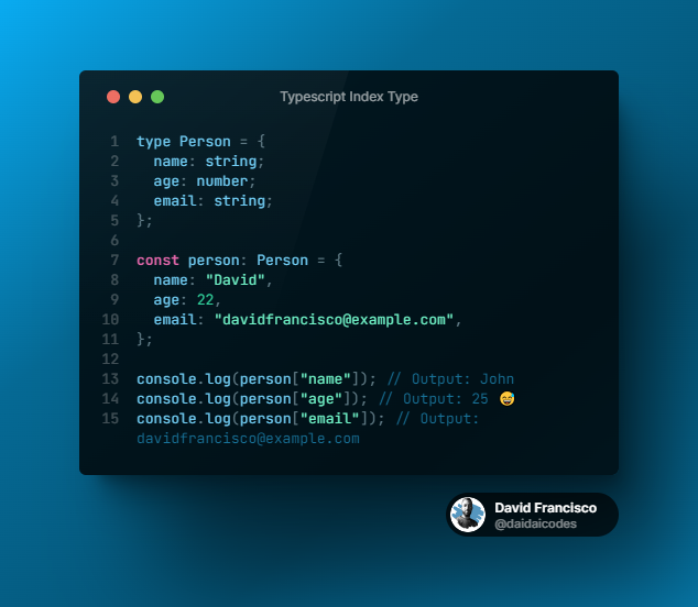 daidaicodes's tweet photo. Let's discover Index Types together! 🤝

In TypeScript, Index Types allow us to define the types of properties in an object using an index. Think of it like a dictionary, where you can look up a value using a specific key. 🔑

#100DaysOfCode #TypeScript  #TypeScript #IndexTypes https://t.co/thAnXVwEkS