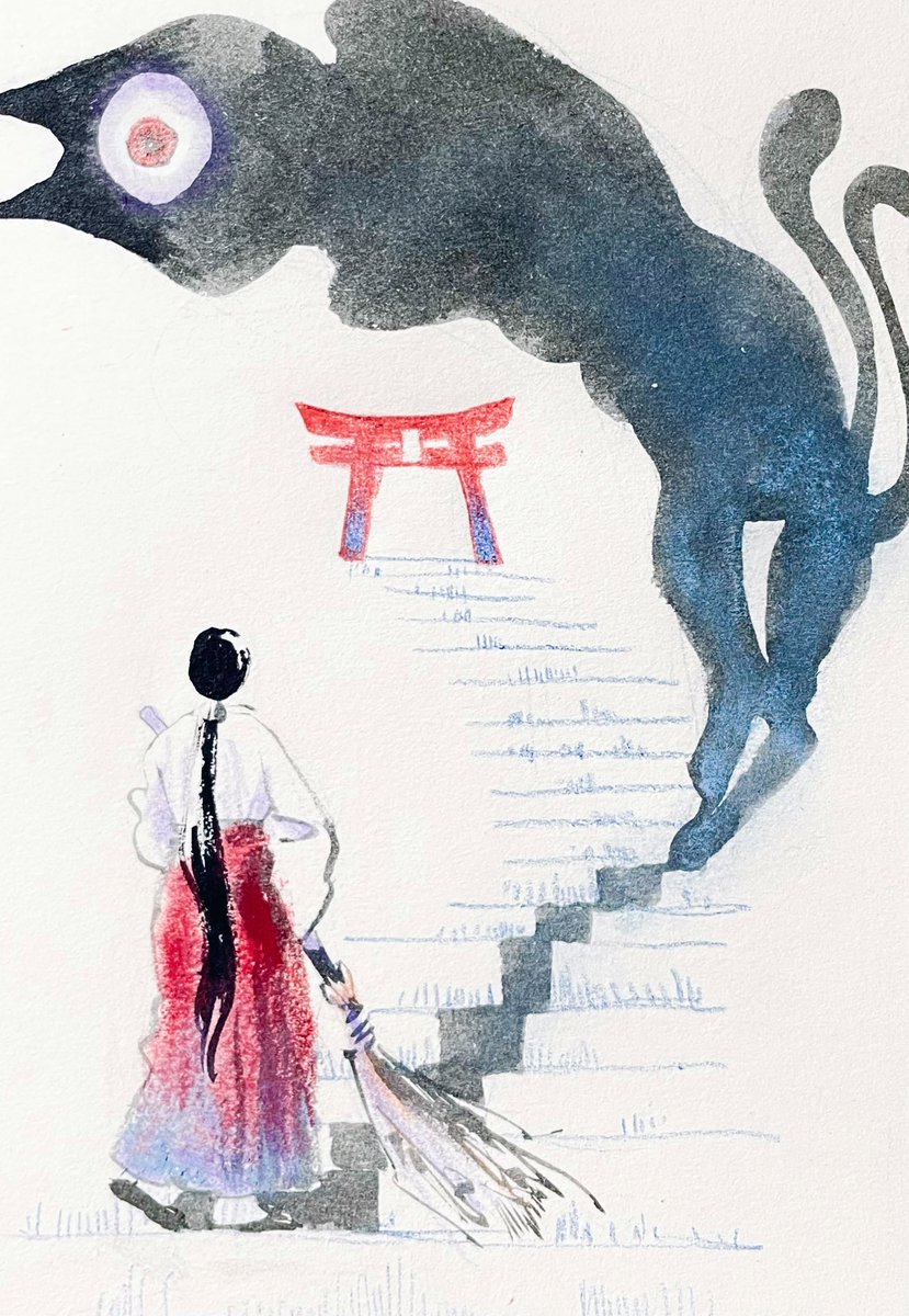 broom black hair long hair 1girl stairs torii holding broom  illustration images