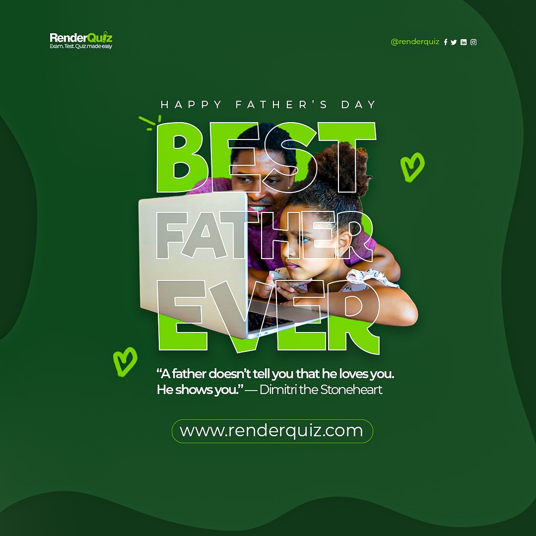 Renderquiz's tweet image. Happy Father&apos;s Day to our wonderful fathers🎉. 

Visit renderquiz.com for all types of online exams.

#FathersDay #onlineexams #onlinequizzes #onlinetest #onlinerecruitment #college #schools #learninginstitutions #exams #test #students #renderquiz