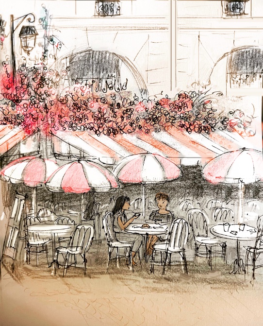 A cafe in #Paris #pink #pretty #kidlitart #kidlit #illustration #art #artist #asianamericanartist #sketch #drawing #artists #travel #tourist #artistsontwitter